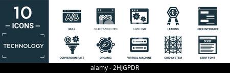 filled technology icon set. contain flat null, object-oriented programming, back end, leading, user interface, conversion rate optimization, organic, Stock Vector