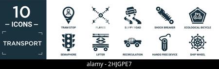 filled transport icon set. contain flat tram stop, planes, slippy road, shock breaker, ecological bicycle transport, semaphore, lifter, recirculation, Stock Vector