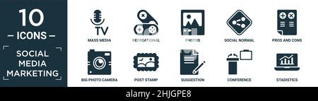 filled social media marketing icon set. contain flat mass media, recreational, photos, social normal, pros and cons, big photo camera, post stamp, sug Stock Vector