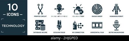 filled technology icon set. contain flat printed circuit connections, big old microphone, solar battery, radar sweep, humanoid robot, database secure Stock Vector