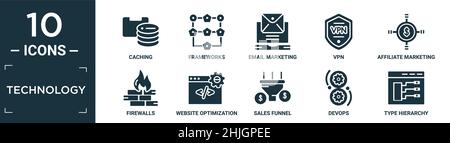 filled technology icon set. contain flat caching, frameworks, email marketing, vpn, affiliate marketing, firewalls, website optimization, sales funnel Stock Vector