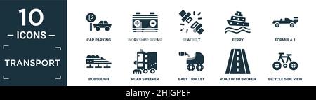 filled transport icon set. contain flat car parking, workshop repair, seatbelt, ferry, formula 1, bobsleigh, road sweeper, baby trolley, road with bro Stock Vector