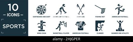 filled sports icon set. contain flat dartboard and dart, american football player picking the ball, ski poles, fishing net, american football player k Stock Vector