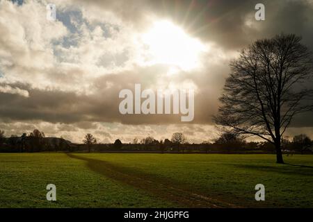 flat playing fields with muddy path under bright sun shining through clouds in winter Stock Photo