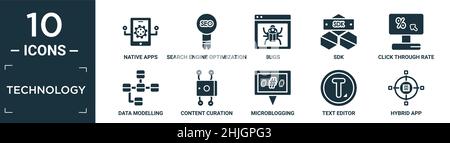 filled technology icon set. contain flat native apps, search engine optimization, bugs, sdk, click through rate, data modelling, content curation, mic Stock Vector