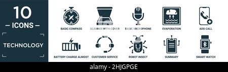 filled technology icon set. contain flat basic compass, scanner with cover, basic microphone, evaporation, add call, battery charge almost full, custo Stock Vector