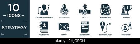 filled strategy icon set. contain flat customer support?, positioning, deal?, agreement?, winner?, phonebook, email?, newspaper?, placeholder?, custom Stock Vector