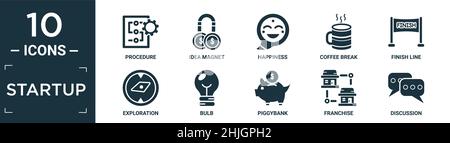 filled startup icon set. contain flat procedure, idea magnet, happiness, coffee break, finish line, exploration, bulb, piggybank, franchise, discussio Stock Vector