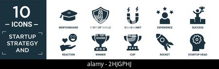 filled startup strategy and icon set. contain flat mortarboard, startup shield, idea magnet, experience, success, reaction, winner, cup, rocket, start Stock Vector