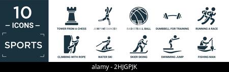 filled sports icon set. contain flat tower from a chess set, jumping dancer, basketball ball with line, dumbbell for training, running a race, climbin Stock Vector