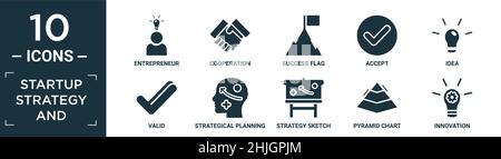 filled startup strategy and icon set. contain flat entrepreneur, cooperation, success flag, accept, idea, valid, strategical planning, strategy sketch Stock Vector