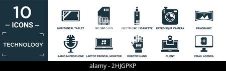 filled technology icon set. contain flat horizontal tablet, big sim card, electronic cigarette, retro squa camera, panoramic, radio microphone, laptop Stock Vector
