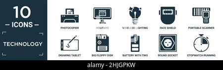 filled technology icon set. contain flat photocopier, holidays, wireless lighting, face shield, portable scanner, drawing tablet, big floppy disk, bat Stock Vector