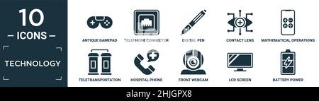 filled technology icon set. contain flat antique gamepad, telephone connector, digital pen, contact lens, mathematical operations, teletransportation, Stock Vector