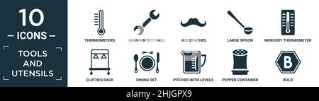 filled tools and utensils icon set. contain flat thermometers, spanner settings button, moustaches, large spoon, mercury thermometer degrees, clothes Stock Vector