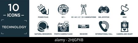 filled technology icon set. contain flat power plug, null, broadcast communications tower, big joystick, dish, natural resources, photo camera flash, Stock Vector