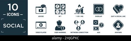 filled social icon set. contain flat advise, net, trending, overlap, quit a social like, video player, user warning, network conecction, ads, avatars Stock Vector