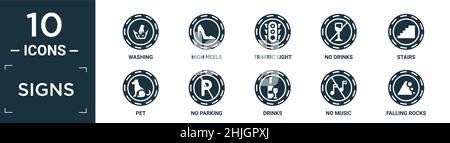 filled signs icon set. contain flat washing, high heels, traffic light, no drinks, stairs, pet, no parking, drinks, no music, falling rocks icons in e Stock Vector
