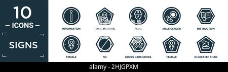 filled signs icon set. contain flat information, toxic warning, plug, male gender, instruction, female, no, gross dark cross, female, is greater than Stock Vector