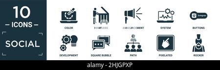 filled social icon set. contain flat color, homeless, announcement, system, buttons, development, square bubble, path, pixelated, rocker icons in edit Stock Vector