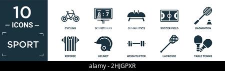 filled sport icon set. contain flat cycling, scoreboard, gymnastics, soccer field, badminton, referee, helmet, weightlifter, lacrosse, table tennis ic Stock Vector