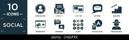 filled social icon set. contain flat user avatar, message, chat box, letters, success, promotion, feedback, flats, letter color, mexican man icons in Stock Vector