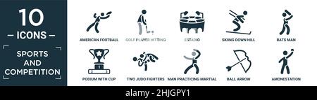 filled sports and competition icon set. contain flat american football player catching the ball, golf player hitting, estadio, skiing down hill, bats Stock Vector