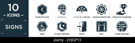 filled signs icon set. contain flat is greater than, oil planet, japanese hand fan, fukuoka prefecture, hand with champions cup, ramp, islamic crescen Stock Vector