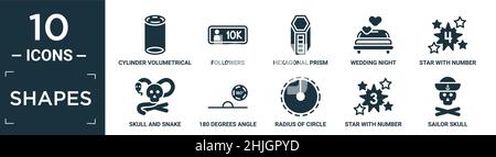filled shapes icon set. contain flat cylinder volumetrical, followers, hexagonal prism, wedding night, star with number four, skull and snake, 180 deg Stock Vector