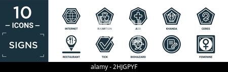 filled signs icon set. contain flat internet, radiation, add, khanda, ceres, restaurant, tick, biohazard, , femenine icons in editable format. Stock Vector