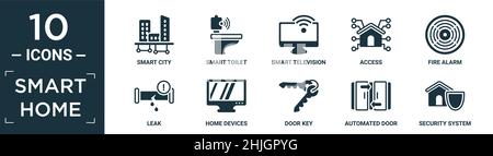 filled smart home icon set. contain flat smart city, smart toilet, smart television, access, fire alarm, leak, home devices, door key, automated door, Stock Vector