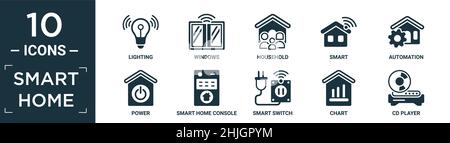 filled smart home icon set. contain flat lighting, windows, household, smart, automation, power, smart home console, smart switch, chart, cd player ic Stock Vector