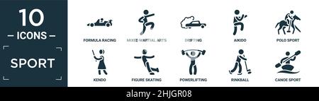 filled sport icon set. contain flat formula racing, mixed martial arts, drifting, aikido, polo sport, kendo, figure skating, powerlifting, rinkball, c Stock Vector
