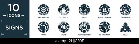 filled signs icon set. contain flat skateboard, no touch, stop, road collapse, disability, turn, mute, power button, no swimming, heat icons in editab Stock Vector