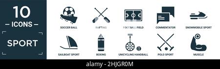 filled sport icon set. contain flat soccer ball, rafting, football field, commentator, snowmobile sport, sailboat sport, boxing, unicycling handball, Stock Vector