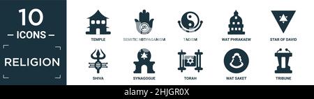 filled religion icon set. contain flat temple, semitic neopaganism, taoism, wat phrakaew, star of david, shiva, synagogue, torah, wat saket, tribune i Stock Vector