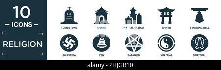 filled religion icon set. contain flat tombstone, shrine, wat maha that, shinto, standing bell, swastika, zen, satanism, yin yang, spiritual icons in Stock Vector