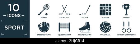 filled sport icon set. contain flat tennis, ice hockey, hockey, go game, trophy, baseball glove, equestrianism, figure skating, volleyball, artistic g Stock Vector