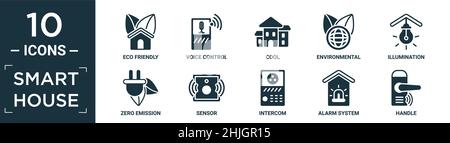 filled smart house icon set. contain flat eco friendly, voice control, cool, environmental, illumination, zero emission, sensor, intercom, alarm syste Stock Vector