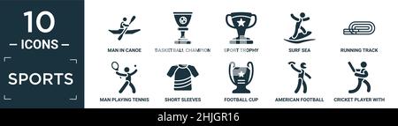 filled sports icon set. contain flat man in canoe, basketball champion, sport trophy, surf sea, running track, man playing tennis, short sleeves, foot Stock Vector