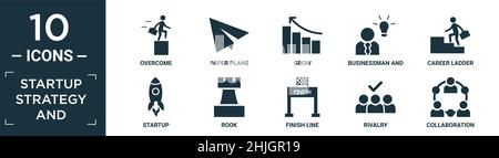 filled startup strategy and icon set. contain flat overcome, paper plane, grow, businessman and strategy, career ladder, startup, rook, finish line, r Stock Vector