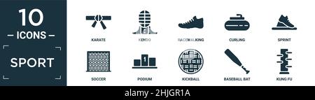 filled sport icon set. contain flat karate, kendo, racewalking, curling, sprint, soccer, podium, kickball, baseball bat, kung fu icons in editable for Stock Vector
