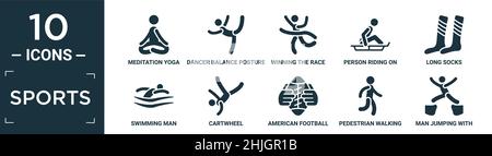 filled sports icon set. contain flat meditation yoga posture, dancer balance posture on one leg, winning the race, person riding on sleigh, long socks Stock Vector