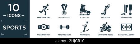 filled sports icon set. contain flat man sprinting, golden medal, ice skates, brazilian, shin guards, champion belt, weighted bars, jumping ski, motor Stock Vector