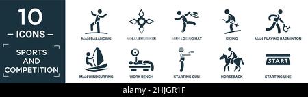 filled sports and competition icon set. contain flat man balancing, ninja shuriken, man losing hat, skiing, man playing badminton, windsurfing, work b Stock Vector