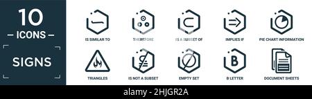 filled signs icon set. contain flat is similar to, therefore, is a subset of, implies if, pie chart information on money, triangles, is not a subset, Stock Vector