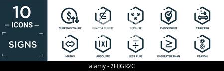 filled signs icon set. contain flat currency value, is not a subset, because, check point, carwash, maths, absolute, less plus, is greater than or equ Stock Vector