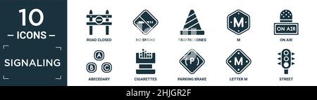 filled signaling icon set. contain flat road closed, no smoke, traffic cones, m, on air, abecedary, cigarettes, parking brake, letter m, street icons Stock Vector