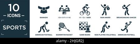 filled sports icon set. contain flat mawashi, board gaming, bicycle rider, man award, breakdancing dancer, american football player, badminton racket Stock Vector