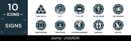 filled signs icon set. contain flat toxic waste, slope, no entry, no ice cream, fire warning, smarthphone, pedestrian, lightning warning, barefoot, no Stock Vector
